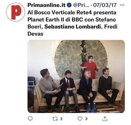 BBC+R4: Planet Earth II, presentazione alla stampa, con Andre Renaud, Sebastiano Lombardi, Stefano Boeri e Fredi Devas, Bosco Verticale, Milano 2017